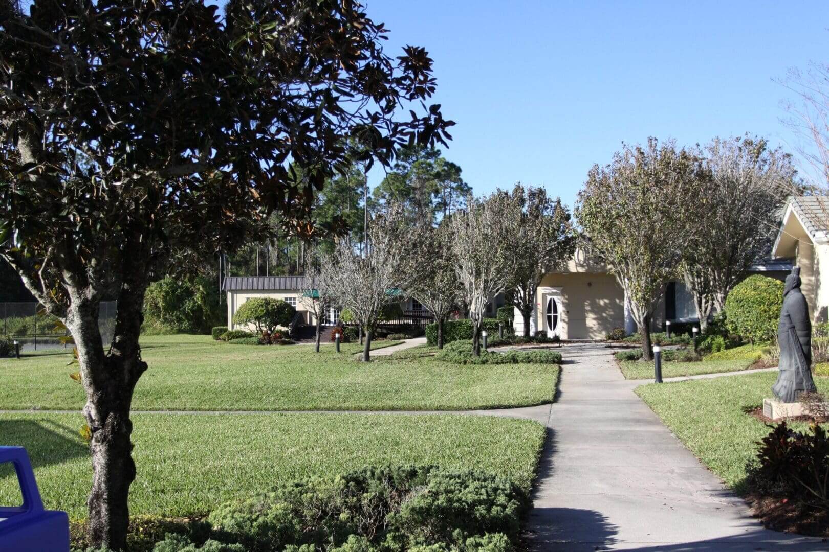 A peaceful suburban neighborhood with houses and well-kept lawns.